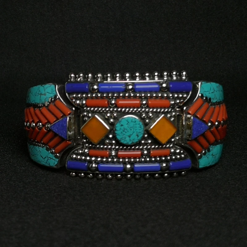 YIZHU CULTUER ART Size 8.2 × 7 cm Old Chinese Tibet Silver Inlay Turquoise Coral mellite Bracelet Collection
