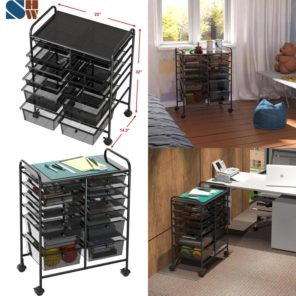 

Мобильная тележка для хранения декоративно-прикладного искусства с 12 ящиками, черная