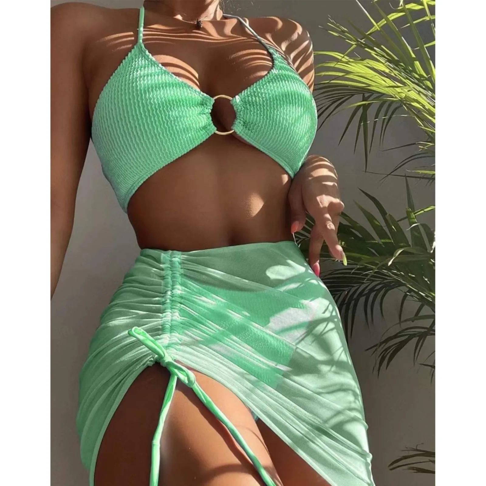 Effen Kleur Mesh Bikini Sets Met Hoge Taille Voor Vrouwen Buikcontrole Bodems Push Up Crop Top Badpak Driedelige Badpakken