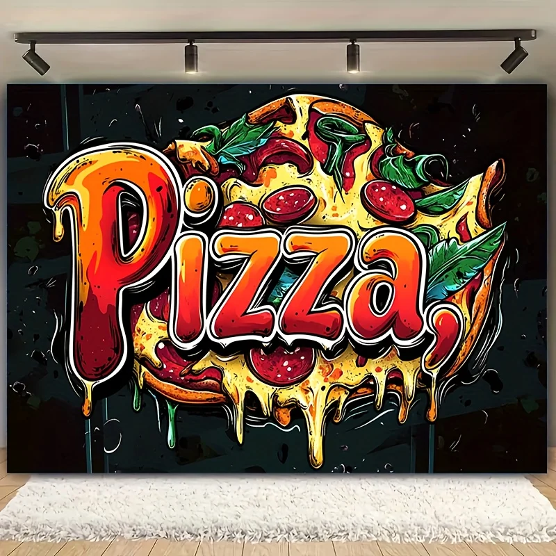 Pizza Graffiti Art Tapestry Foodie Wall Decor Street Style Kitchen Restaurant Sign Bold Graphic Design Melting Cheese Pepperoni
