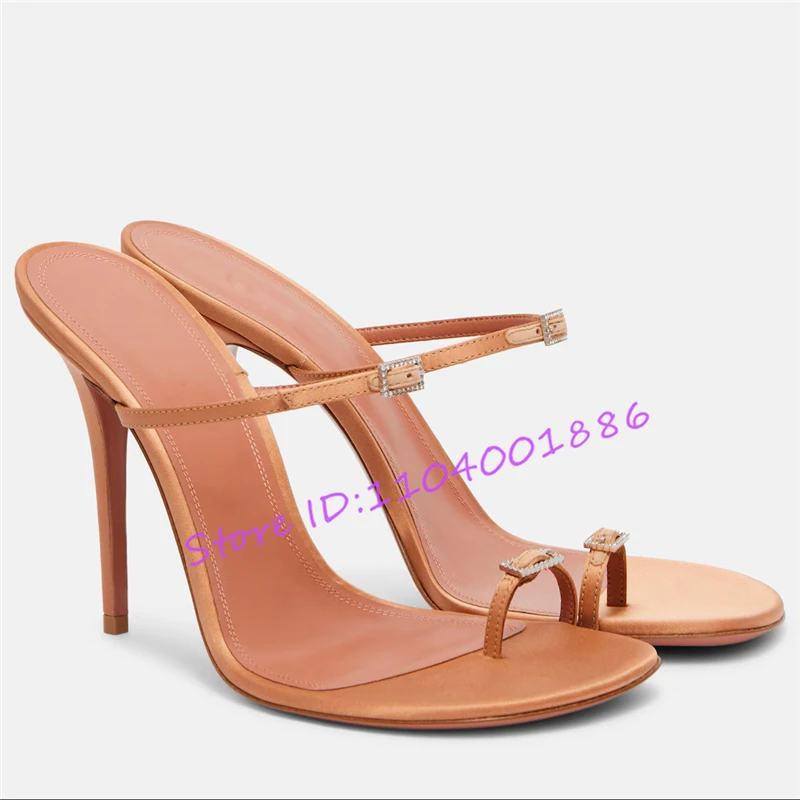 Elegant Rhinestone Buckle Strap Slippers Clip Toe Satin Thin High Heels Sandals Fashion Sexy Women Party Wedding Shoes