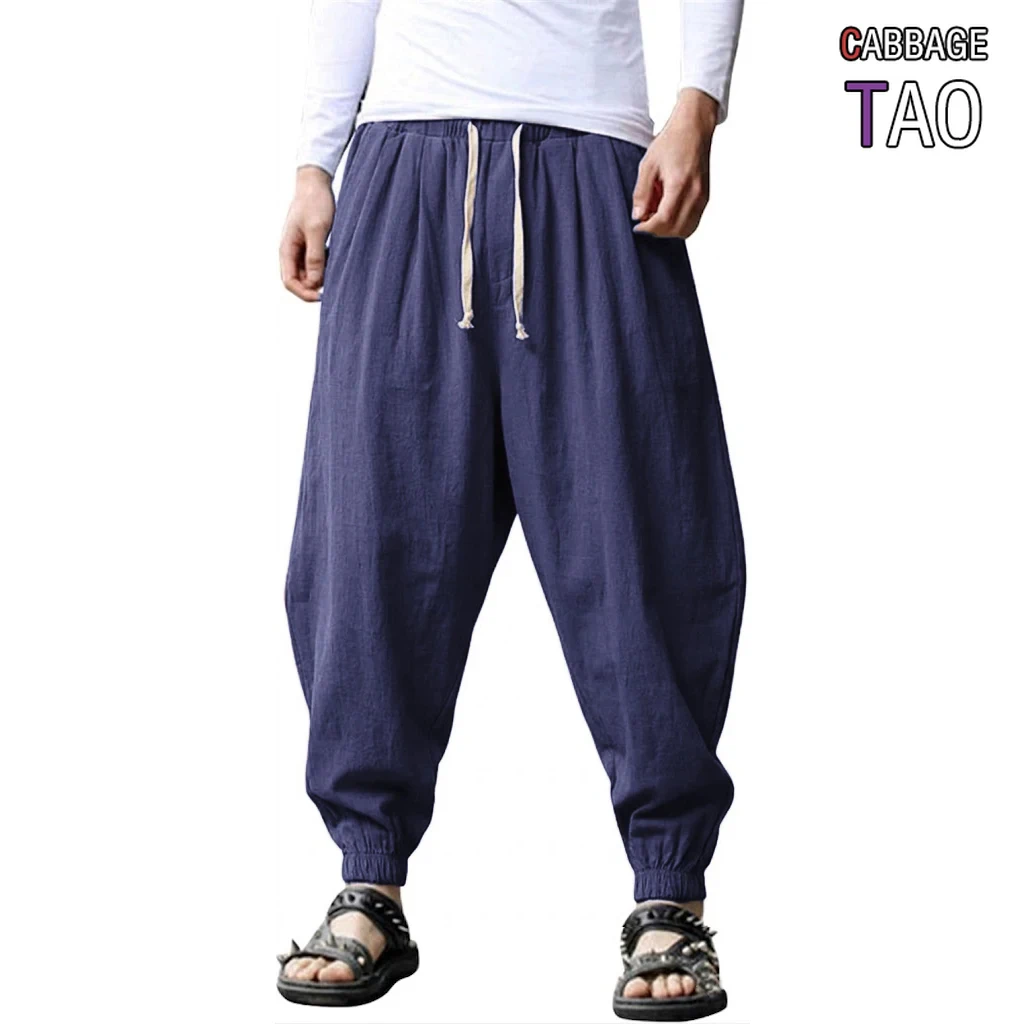 Mens Cotton Linen Casual Pants Korean Loose Drawstring Trousers Summer Streetwear Yoga and Gym Pants for Daily Outdoor Wear