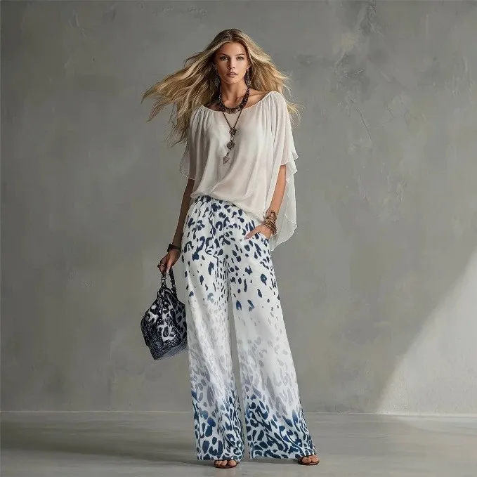 Printed Top Pants Set Full Length Casual with Three Quarter Sleeve Minimalist Elegant Commuting Batwing Sleeve Women Pants