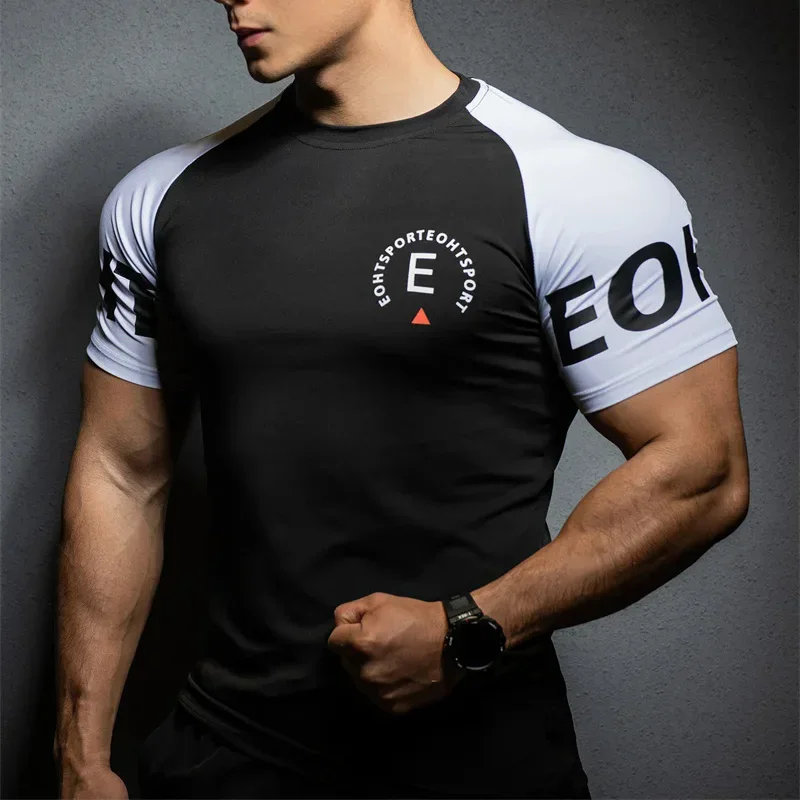 Summer New Men's Sports T-shirt Running Gym tops Exercise Slim Fit Elastic Quick Dry Short sleeved fitness T-shirt men clothing image 3