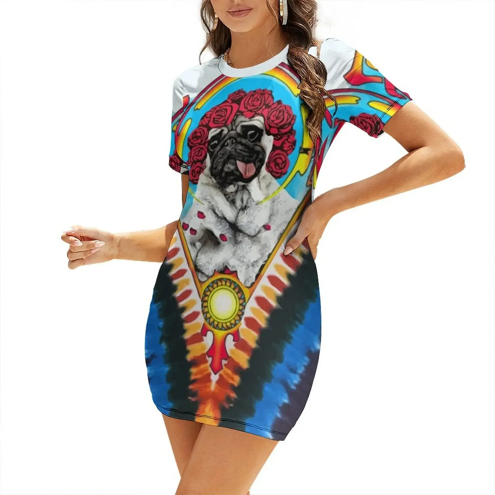 GRATEFUL PUG TYE DYE Vestido de manga corta, vestidos de noche para mujer, vestido de verano 2026, vestidos de novia 2026, vestido