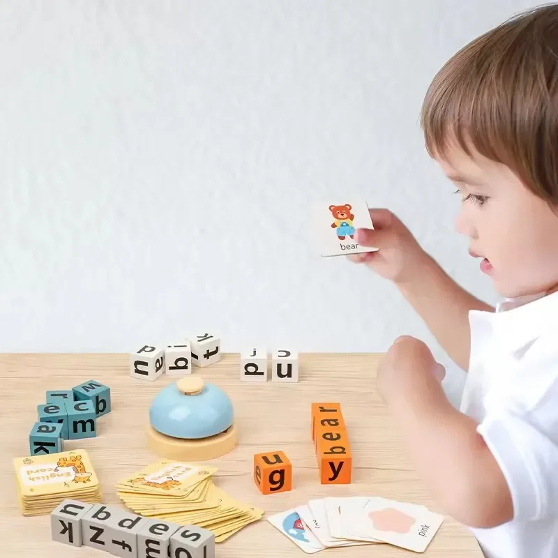 Blocos de construção de letras montessori de madeira para crianças aprendizagem cognitiva palavra correspondência quebra-cabeça educação brinquedos jogo de batalha