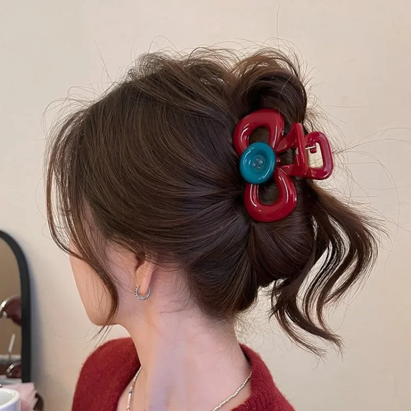 Rote Schleife Haarspange mit blauem Knopf, süße Haarspangen, Bonbonfarbene Haarnadel für Frauen und Mädchen, modischer Haarschmuck, Geburtstagsgeschenk