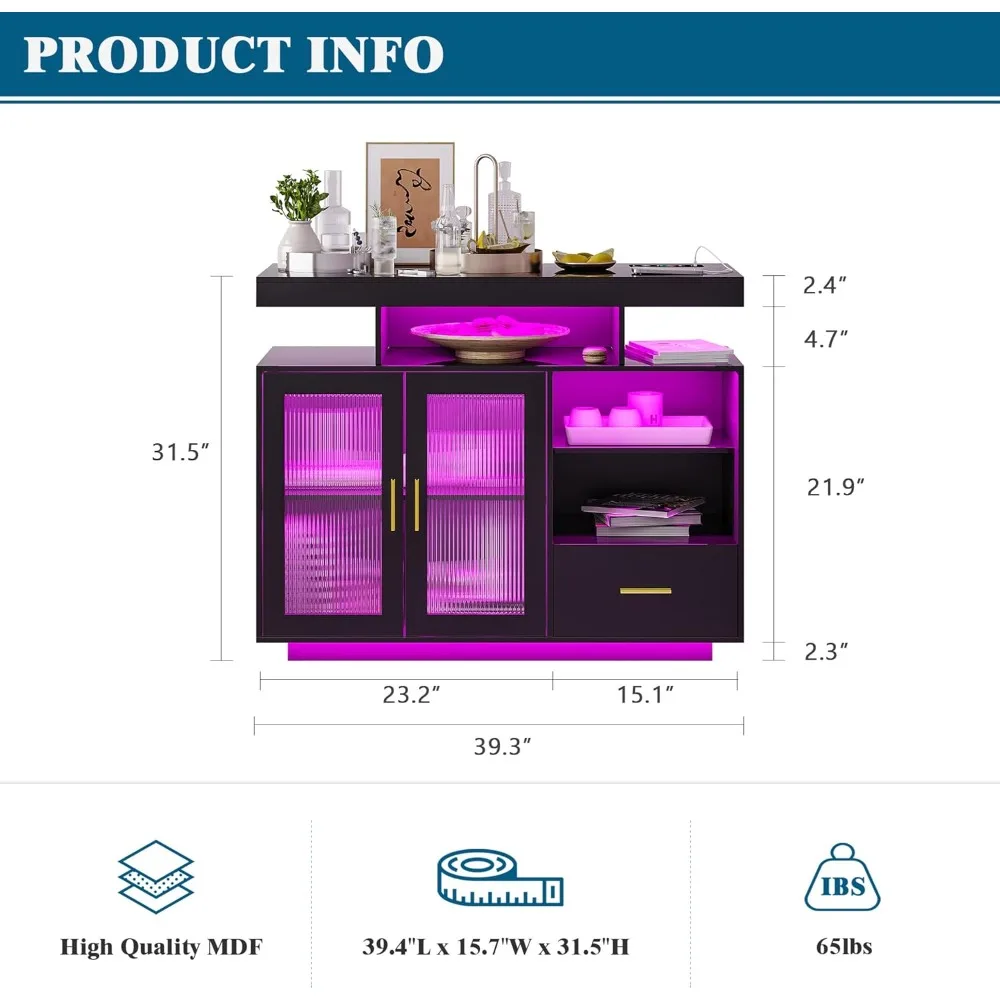 خزانة بوفيه جانبية LED حديثة مقاس 39.4 بوصة مع محطة شحن، وخزانة عالية اللمعان مع ضوء مستشعر للحركة، وخزانة بار