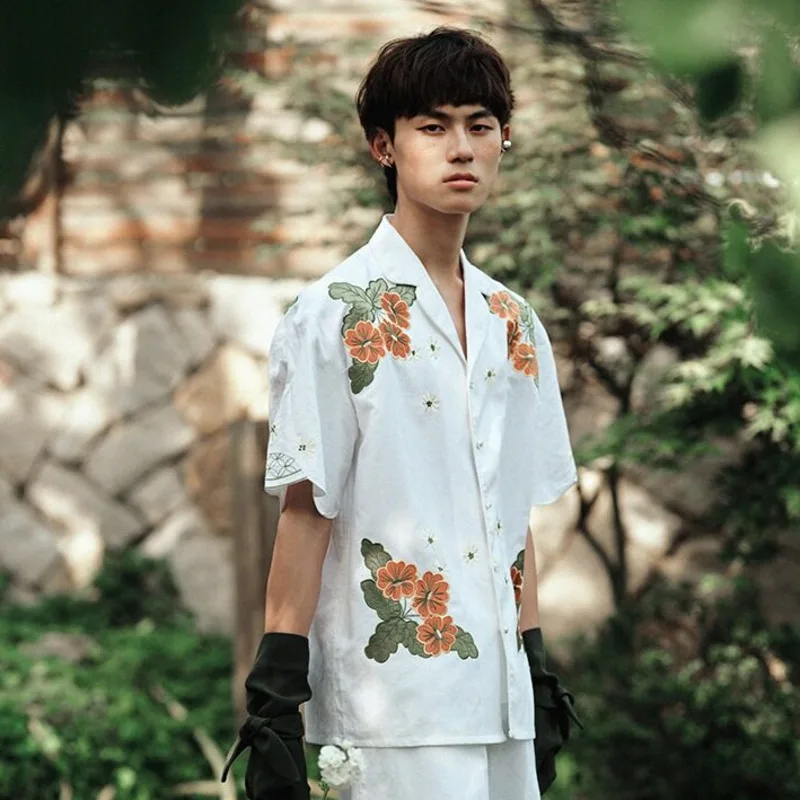 WVGA New Men's Summer Tide Geranium Patch Embroidery Cuban Collar Cotton Linen Short Sleeve Shirt Ins W18620