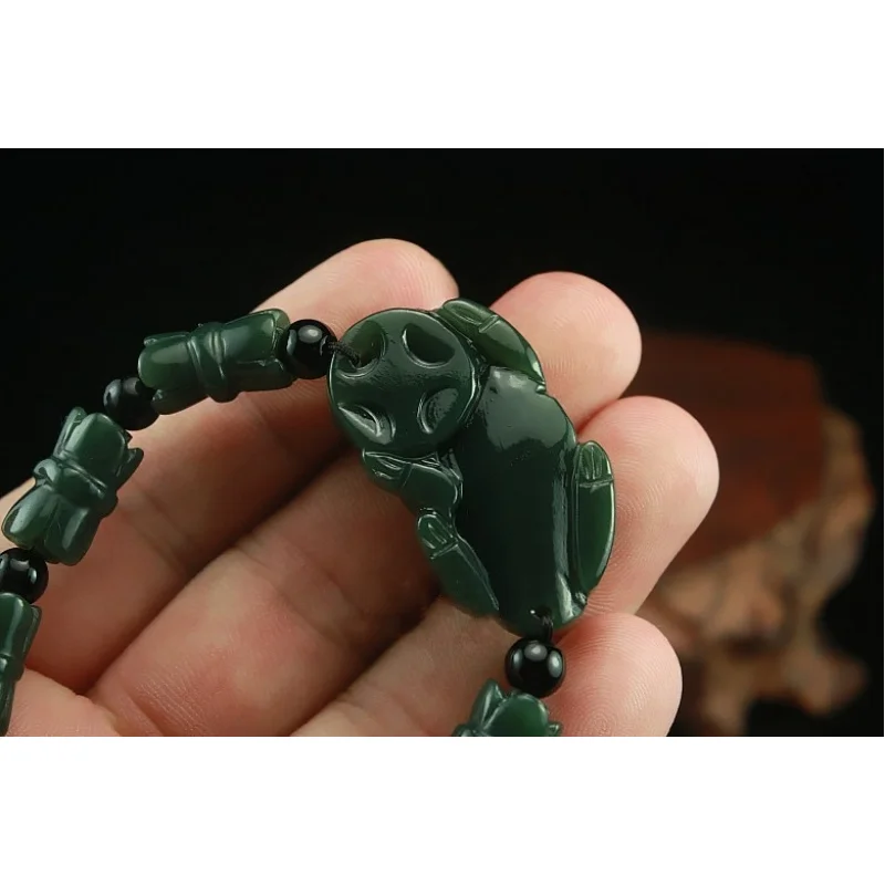 , Hotan Green Jade Bead Pixiu Bracelet Men and Women