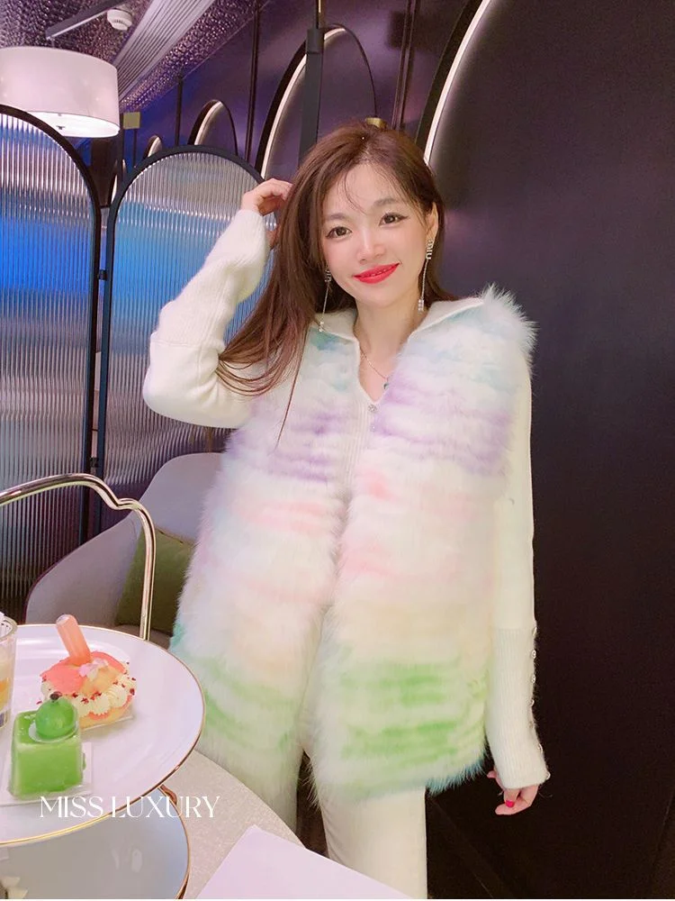 French Sweet Candy Rainbow Faux Fur Soft Comfortable Sleeveless Charming Exquisite Fashionable Dating Cute Warm Plush Vest Coat