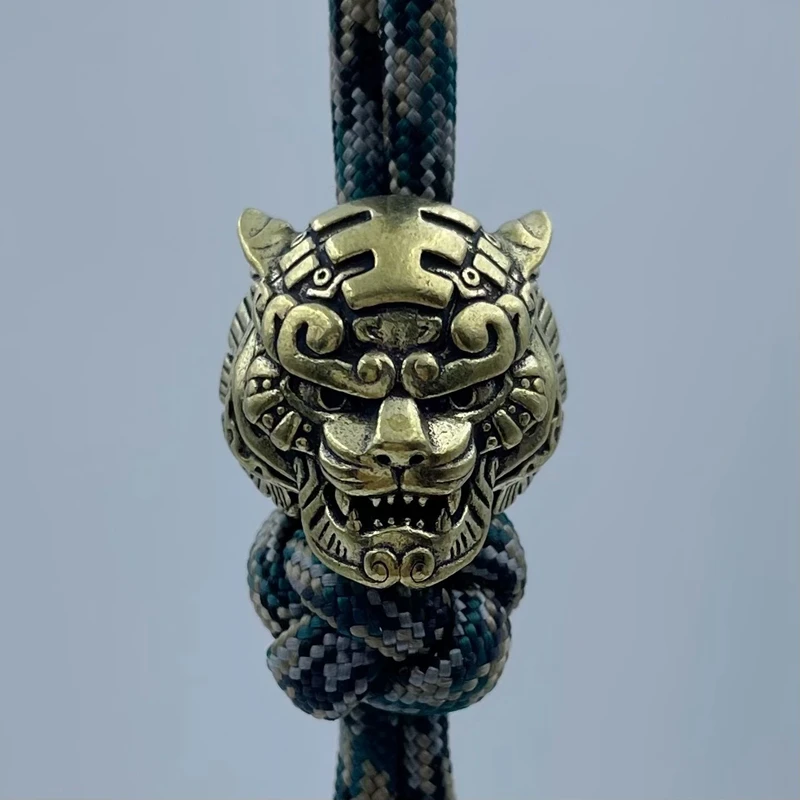 Tiger King Head Sculpture Brass Knife Beads EDC DIY Paracord Pendants Accessories Outdoor Survival Tool Woven Lanyard Hangings