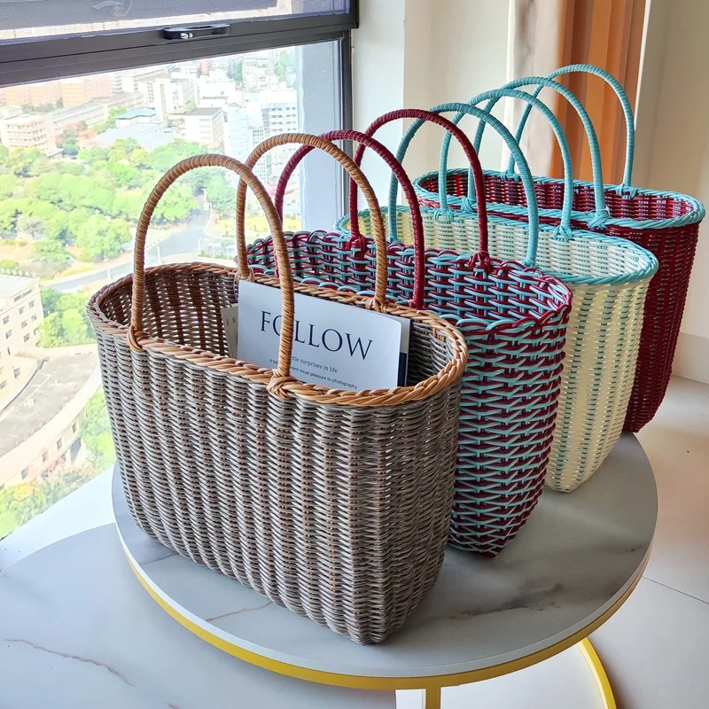 Imitation rattan hand basket large shopping basket high-end shopping basket hand-woven picnic plastic fashion flower