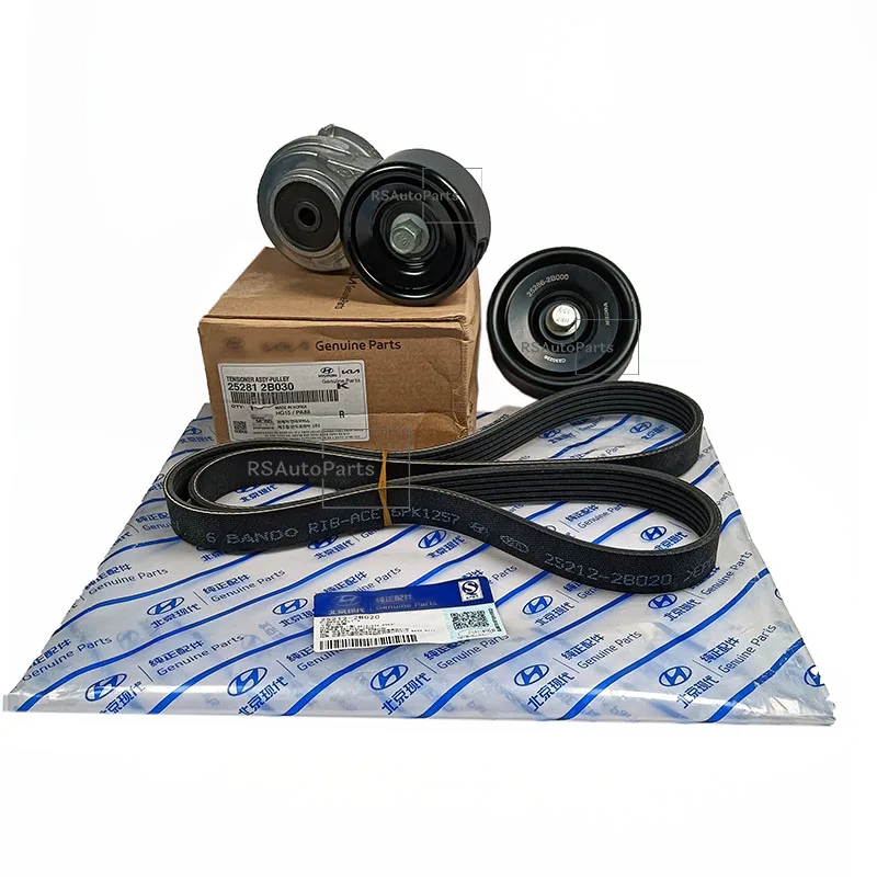 Подлинный новый натяжитель шкива в сборе 25281-2B030 с ребристым ремнем 25212-2B020 и Натяжной ролик для Hyundai Kia 2009-2011