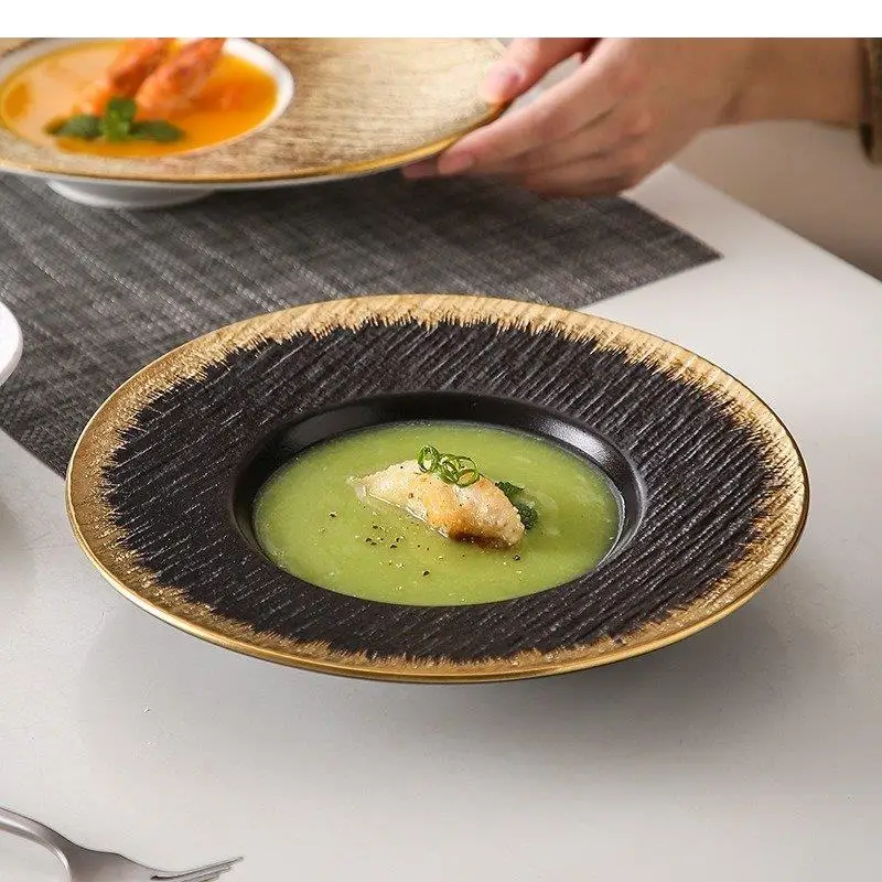 Ceramic Dinner Plate Restaurant Gold Deep Thick Soup Dessert Plates Pasta Frosted Tableware