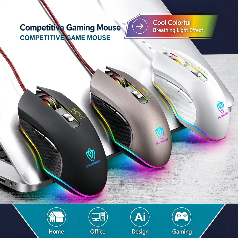 Ratón para juegos con cable, iluminación RGB con efecto de respiración, 1200-3200 DPI, ajustable, diseño ergonómico, conexión USB, fácil de
