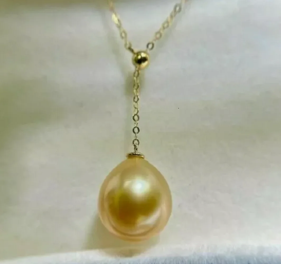 Gorgeous AAAA 9x12mm South China Sea Gold Pearl Pendant Necklace 18 