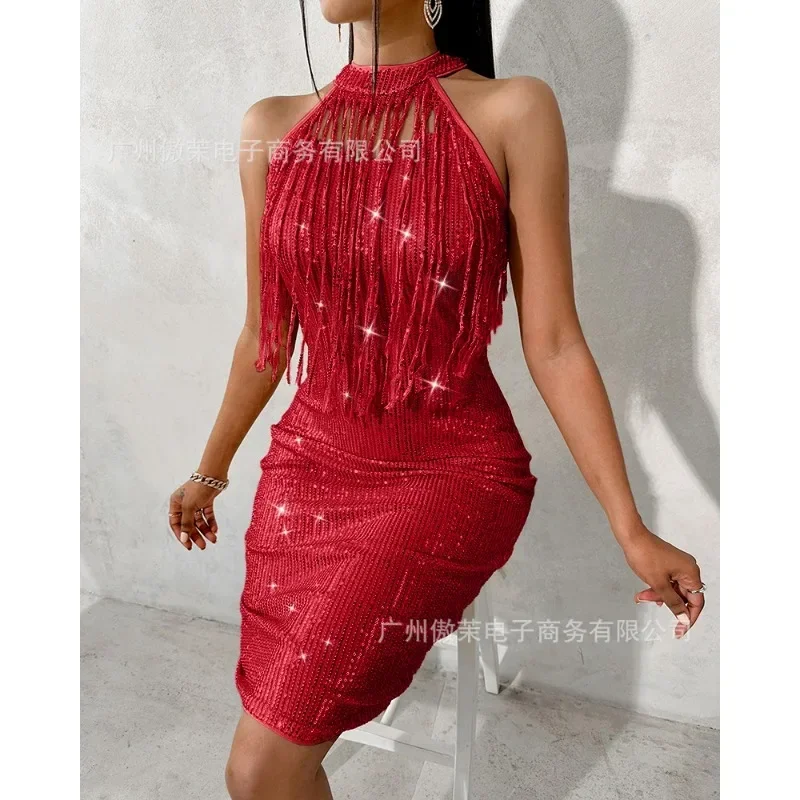 

New Arrivals Women Sexy O-Neck Halter Party Formal Dress Women's Solid Color Slim-Fit Sequined Tassel Mini Dress Autumn Winter