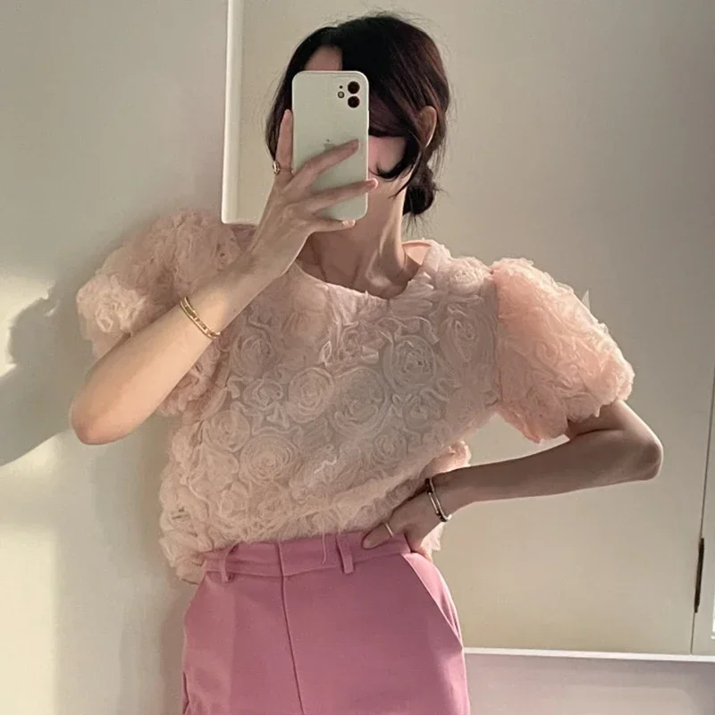 Neploe Solid Color Puff Sleeve Shirt Summer Chic French Sweet Round Neck Three-Dimensional Lace Hooked Flower Design Loose Blusa