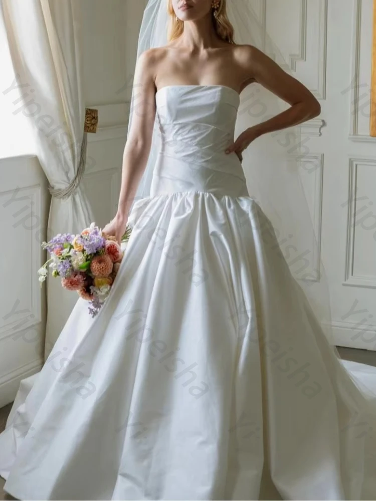 Customized Satin Off Shoulder Sleeveless Pleat Wedding Dresses Elegant Backless Evening Dress Sexy High Quality Prom Party Gowns