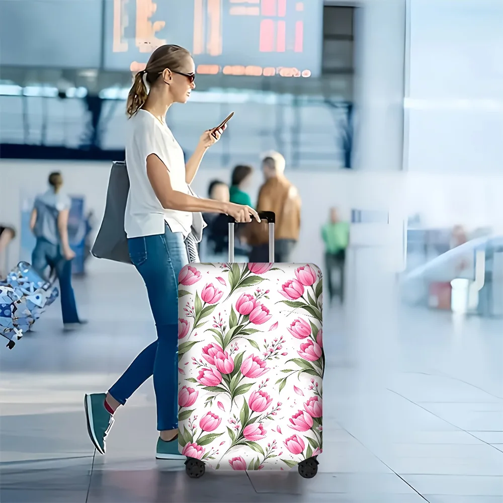 

1PC Pink Tulip Floral Print Luggage Cover for luggage sizes 18-32 inches; dust and elastic travel accessories to effectively