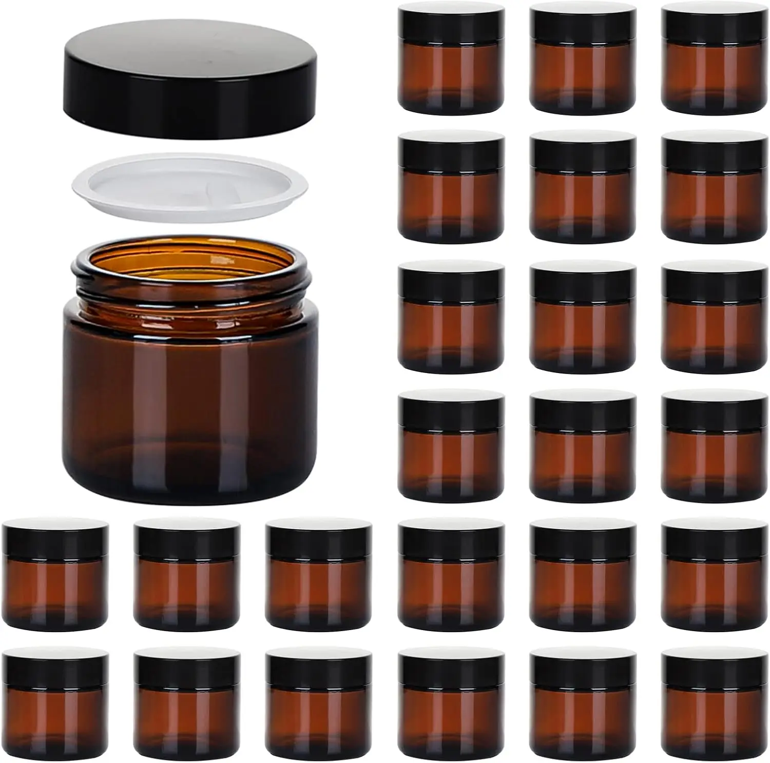 2oz Jars with Lids, 24 Pack Amber Glass Jars with Lids Empty Cosmetic Containers Round Airtight Glass Jar with Inner Liners