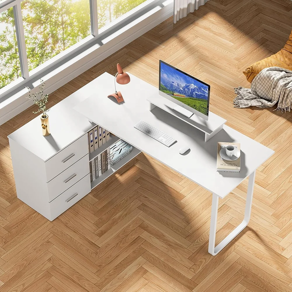 

L-Shaped Desk With Monitor Stand Corner Computer Office Desk Modern Study Writing Table With Storage Cabinet