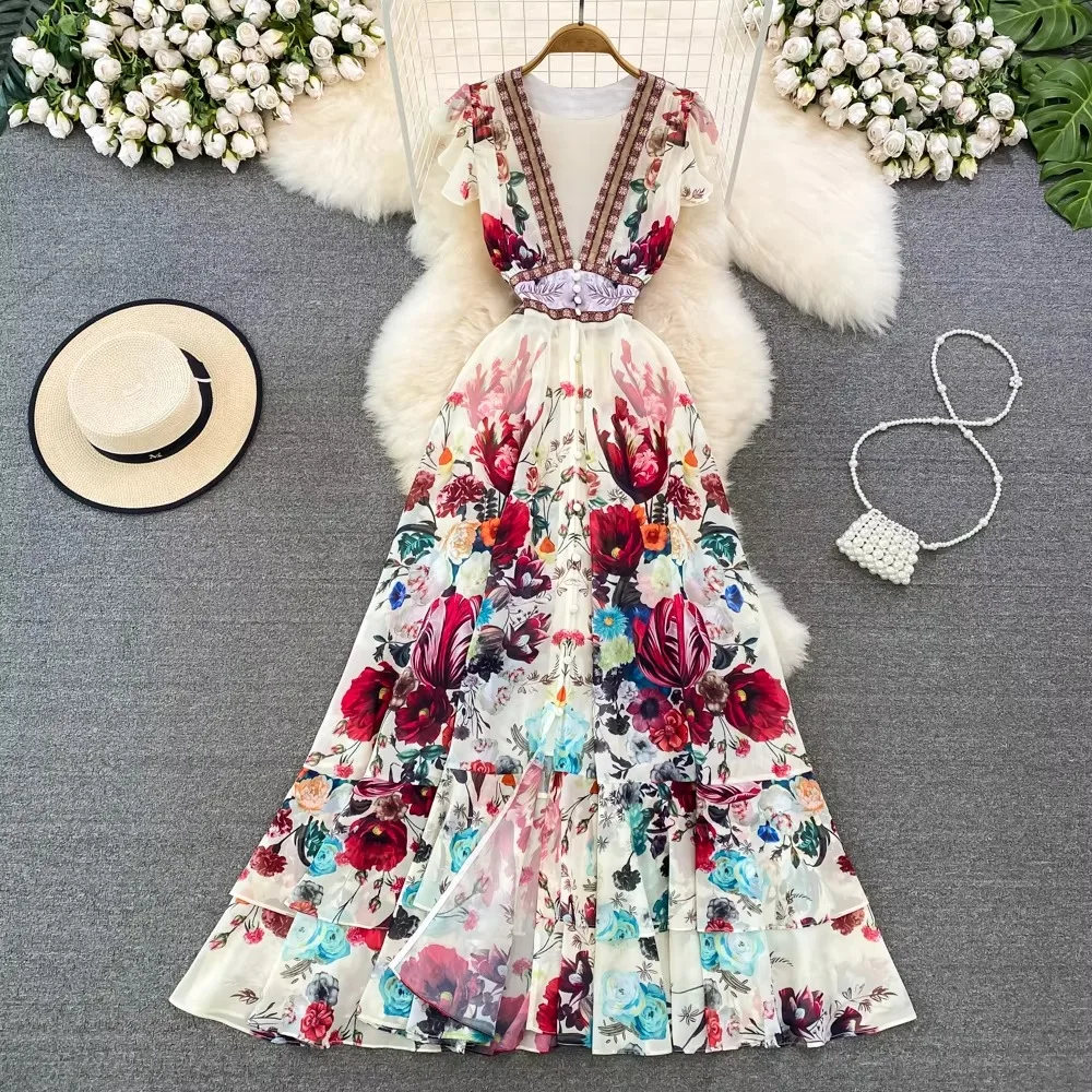 Floral Print Pleated Elegant Sleeveless Dress A-line High Waist V Neck Beach Vacation Party Dress Women Summer Vintage Vestidos