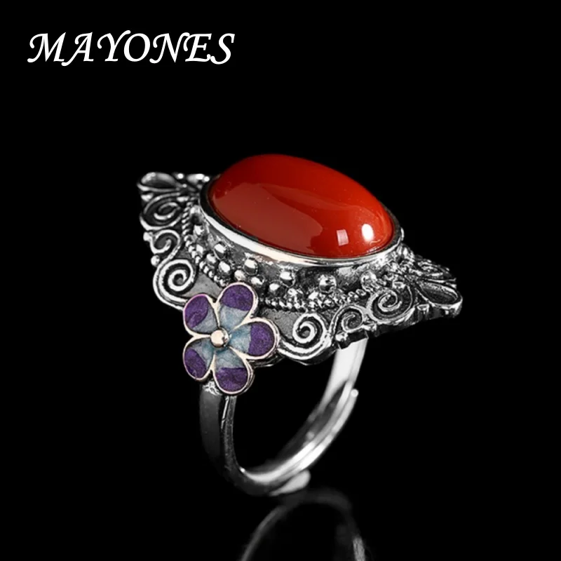 

S925 Silver Jewelry Nepalese Handmade Women's Oval Egg Face South Red Thai Silver Vintage Ring Burnt Blue