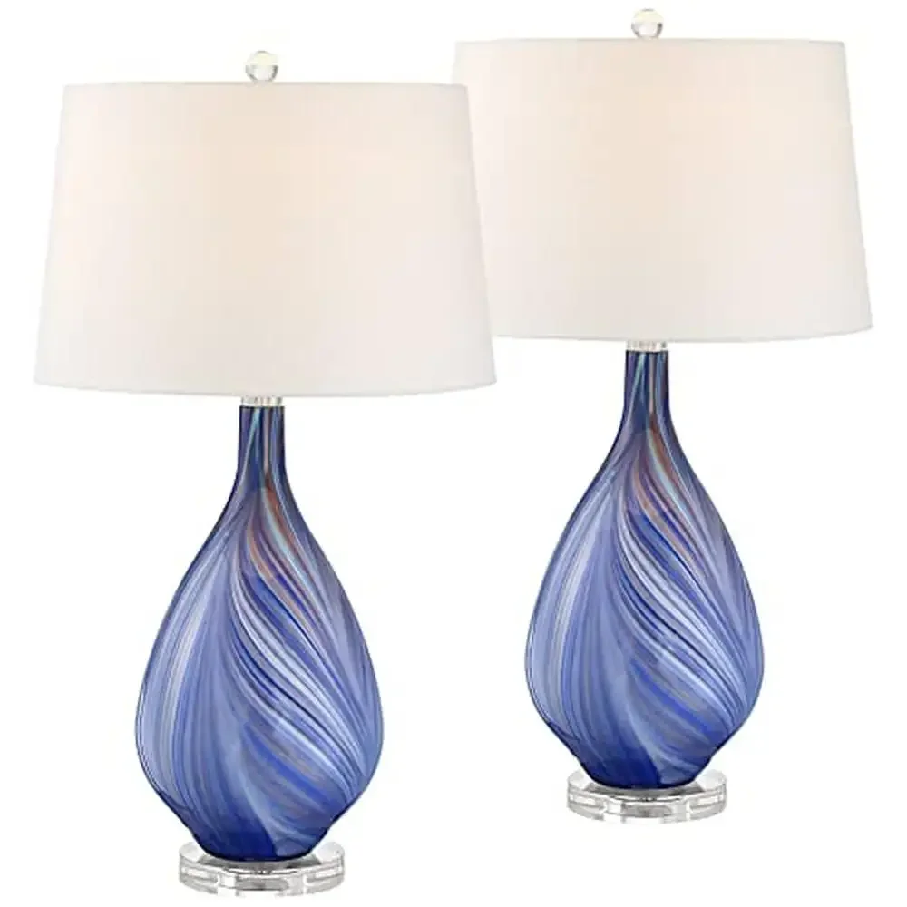 Coastal Blue Glass Teardrop Table Lamps Set of 2 White Fabric Shades(Cell)