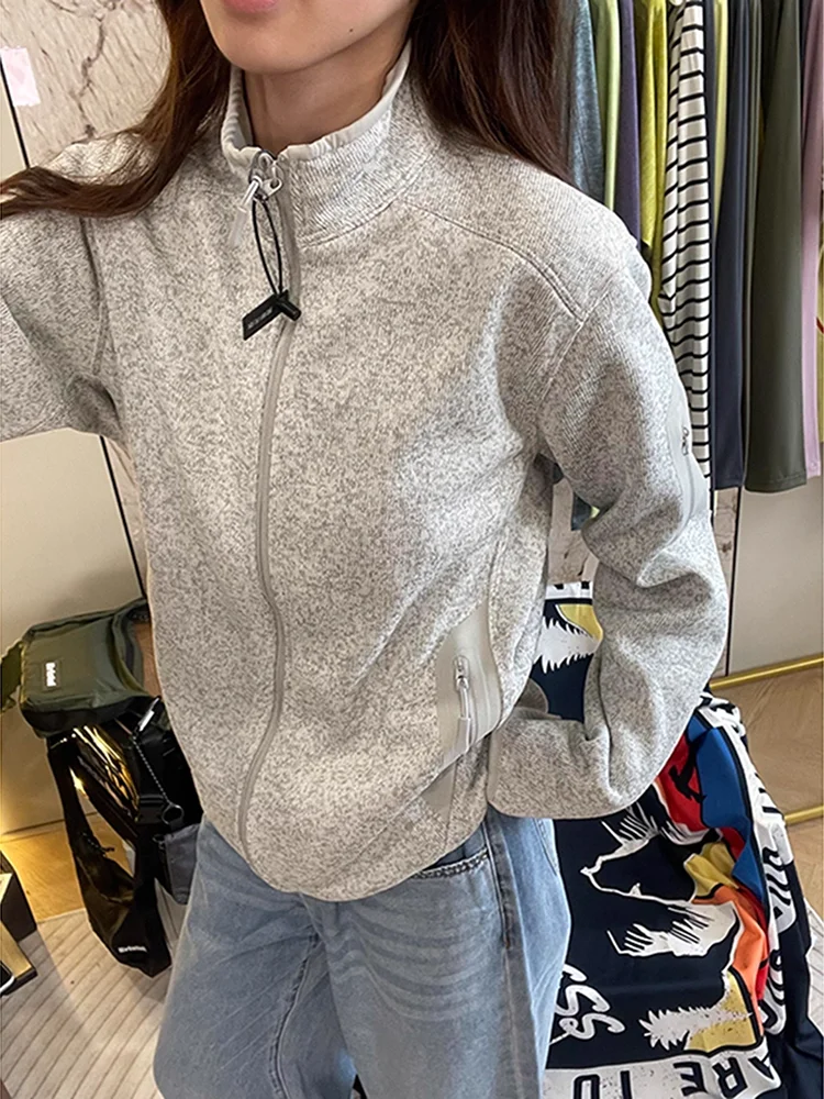 Women's Zipper Stand Collar Cardigan Sweater Cycling Hiking Outdoor Couple Jaets Loose Fit Long Sve  Color