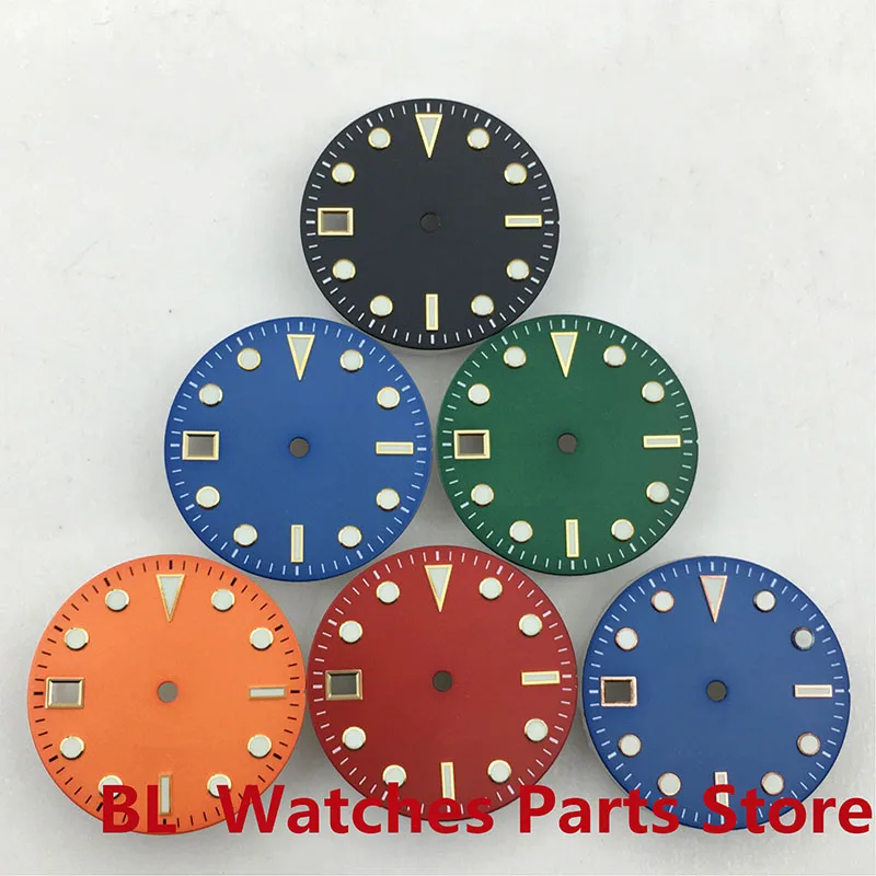 BL New 29mm Sterile Dial Gold Edge Time Mark Green Luminous Suitable for NH34(GMT)9 o'clock Date Movement