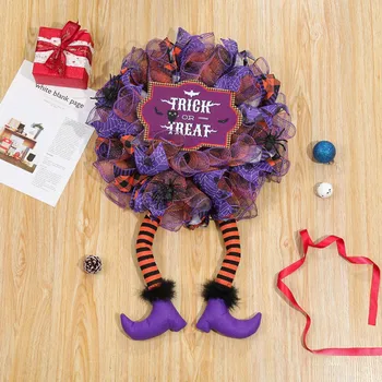 Halloween Witch Wreaths Purple Mesh Stripe Leg Window Hanging Wreaths for Home Front Door