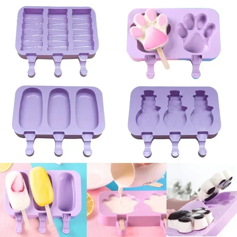 

Cute Cartoon Ice Cream Mold Silicone Food Safe Popsicle Reusable DIY Ice Cube Tools Tray Dessert Mould With Lids and Sticks