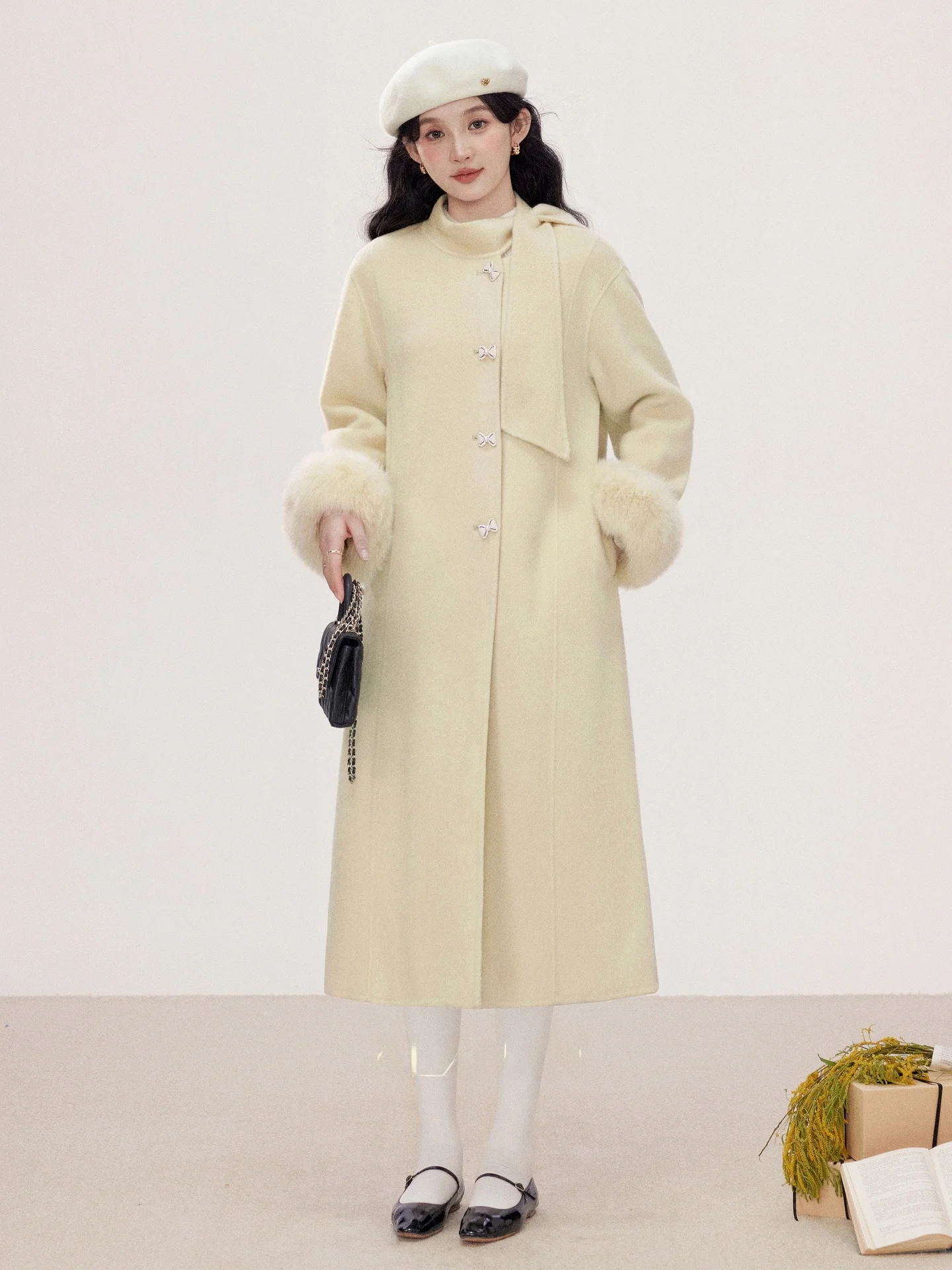 

Ele Double-Faced Woolen Coat for Women Long Sle South Deer Warm Winter Fce-Lined High-Quali Faion Outerwear
