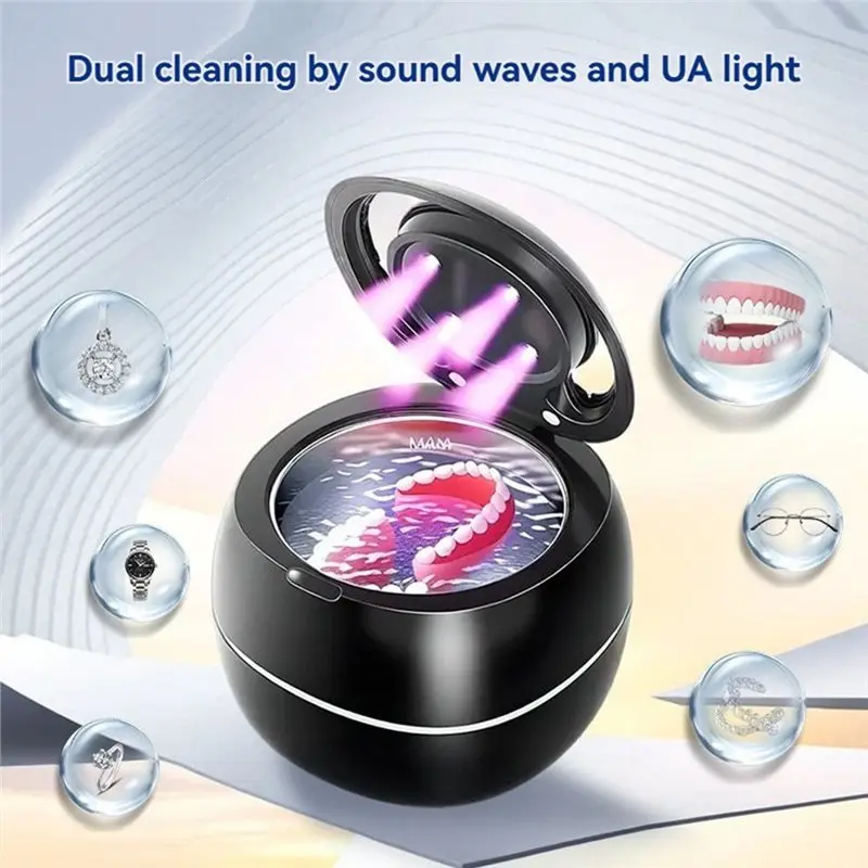 AT19-Portable Ultrasonic For Denture Cleaner With UV Function For Denture Toothbrush Head Jewelry Cleaning For Aligners& Jewels