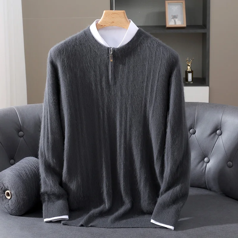 

O-Neck Zippered Men Long Sleeve Knitwear Sweater Autumn And Winter 100% Mink Cashmere Soft Warm Clothing Tops