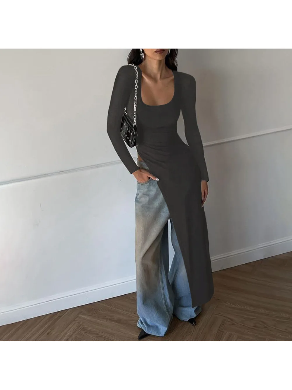 

New European and American women's summer personalized irregular slim fit solid color round neck long sleeved T-shirt top