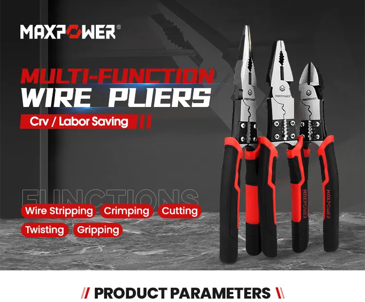 MAXPOWER 3Pcs Pliers Set, 5 in 1 Multifunctional Long Nose Pliers Wire Stripper Crimper Cutter