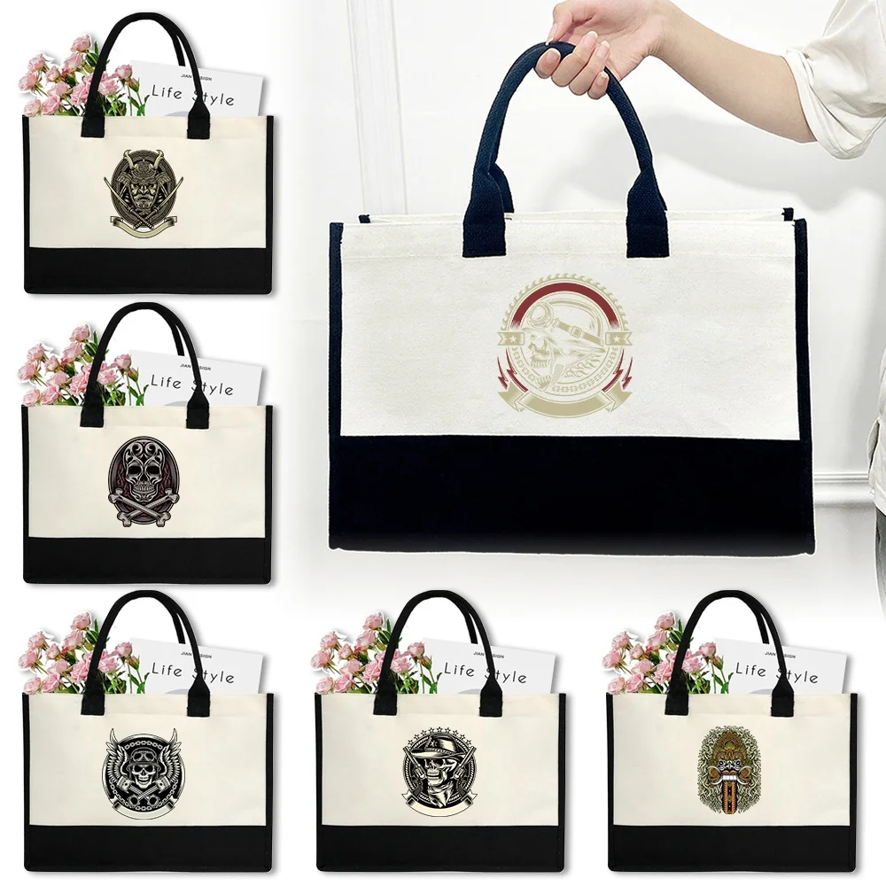 

Commuting Bags Reusable Canvas Bag Vintage Jute Bags Handbag Simplicity Imitation Sacks Tote Storage Bag Skull Printing