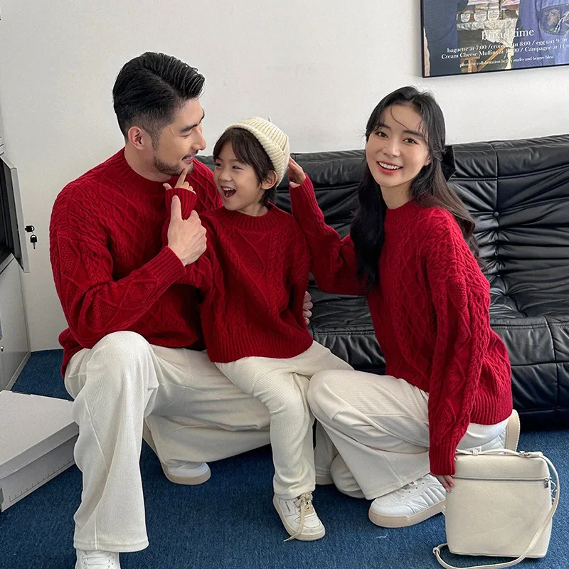 

Christmas Family Matching Sweater Red Knitted Couple Parent-Child Photo Outfit Mother Father Daughter Son Cable Warm New Year