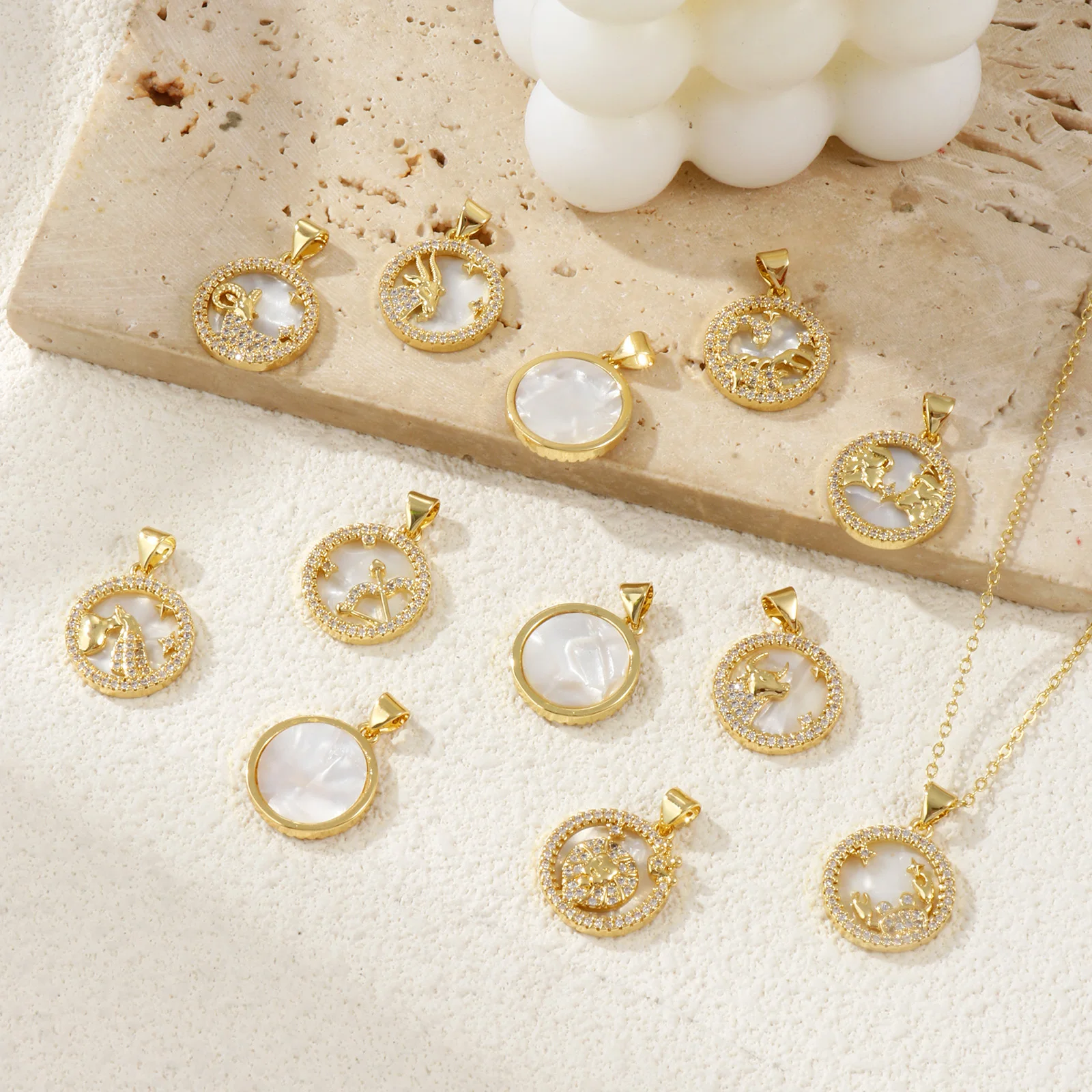 1pc Brass Charm Shell White Round Disc Zodiac Constellation Micro Pave Clear Cubic Zirconia Pendant DIY Necklace Jewelry 24x17mm