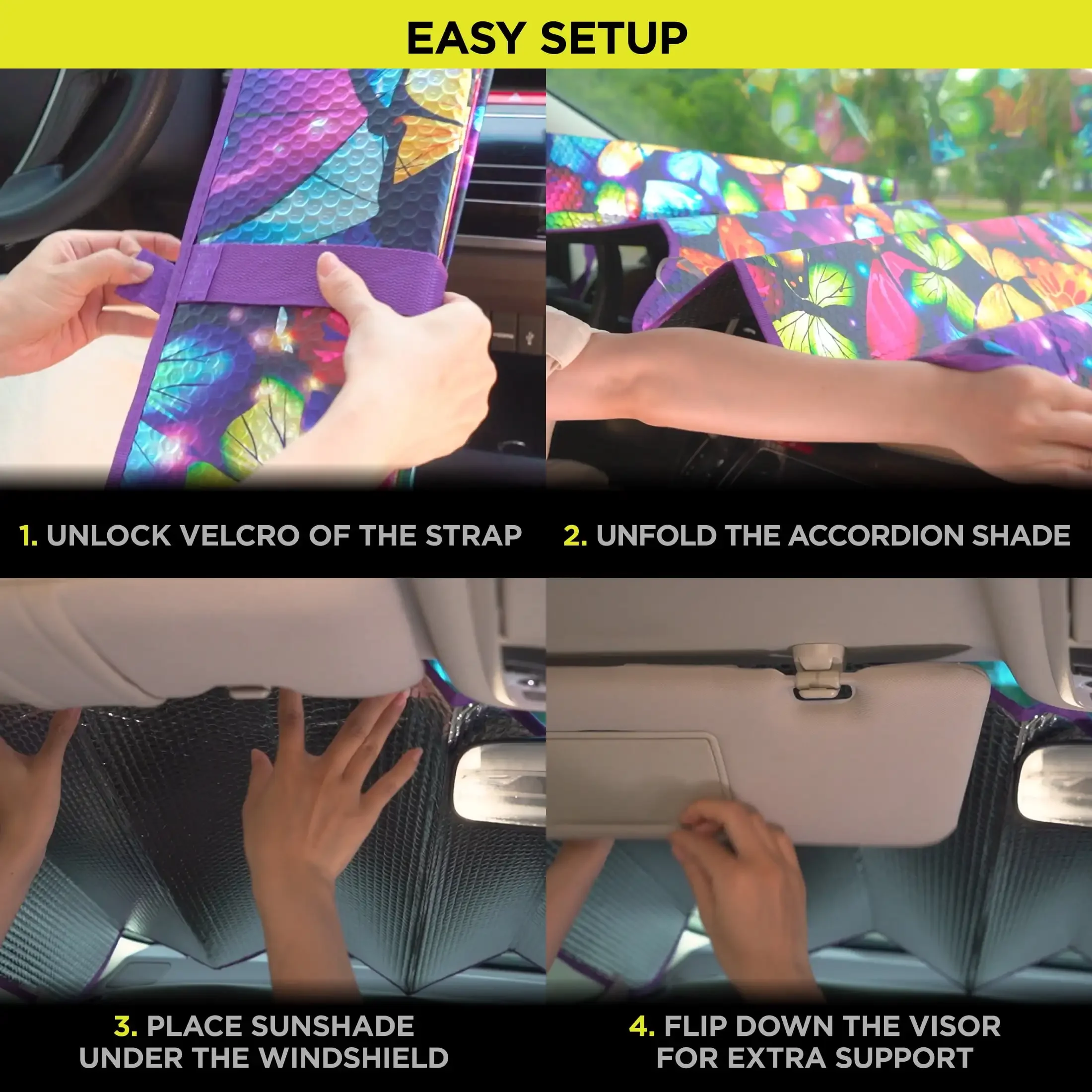 バタフライカーサンシェード 女性用 63インチx28.5インチ アコーディオンフォールド UVヒートブロッカー 花柄 フロントガラスプロテクター ガーデンテーマ