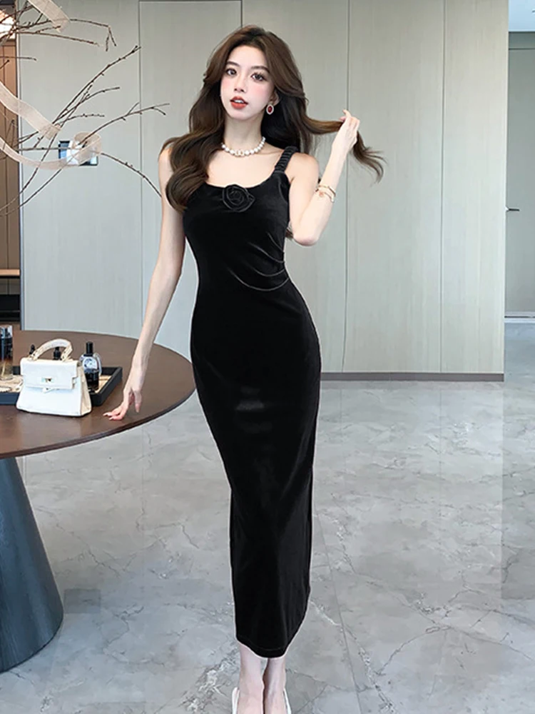 패션 레드 벨벳 플로럴 섹시 스트랩 드레스 여성 의류 슬림 이브닝 드레스 우아한 여성 패션 파티 프롬 드레스 로브 레트로