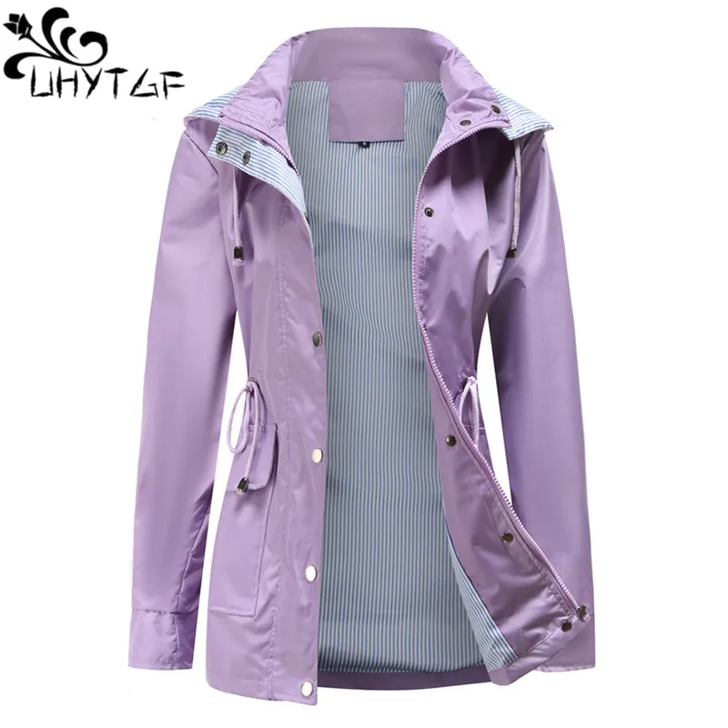 

UHYTGF Coats Women's Raincoat Ladies Waterproof Outerwear Female Detachable Hood Thin Spring Autumn Coat Women Trench Court 2255