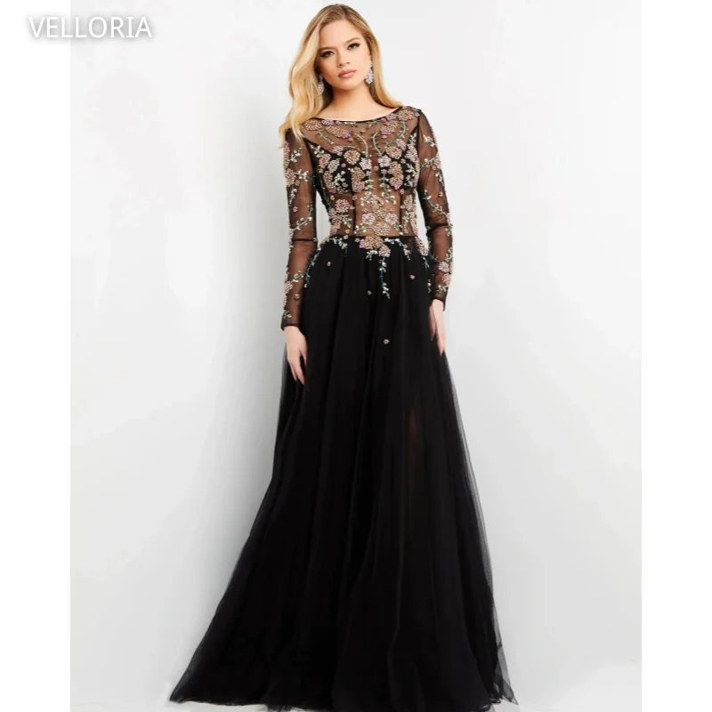 

Черное вечернее платье из тюля с высоким воротом и длинными рукавами, торжественное платье, роскошное кружевное бальное платье из бисера, Vestdos de Fiesta по индивидуальному заказу