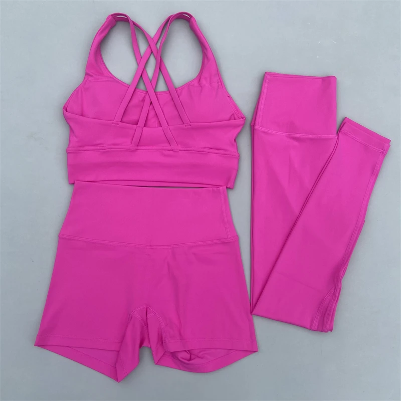 3 Piece Women Gym Sports Set Yoga Set Workout Clothes Fitness Suit Cross Straps Bra High Waist Shorts Leggings Running Tracksuit