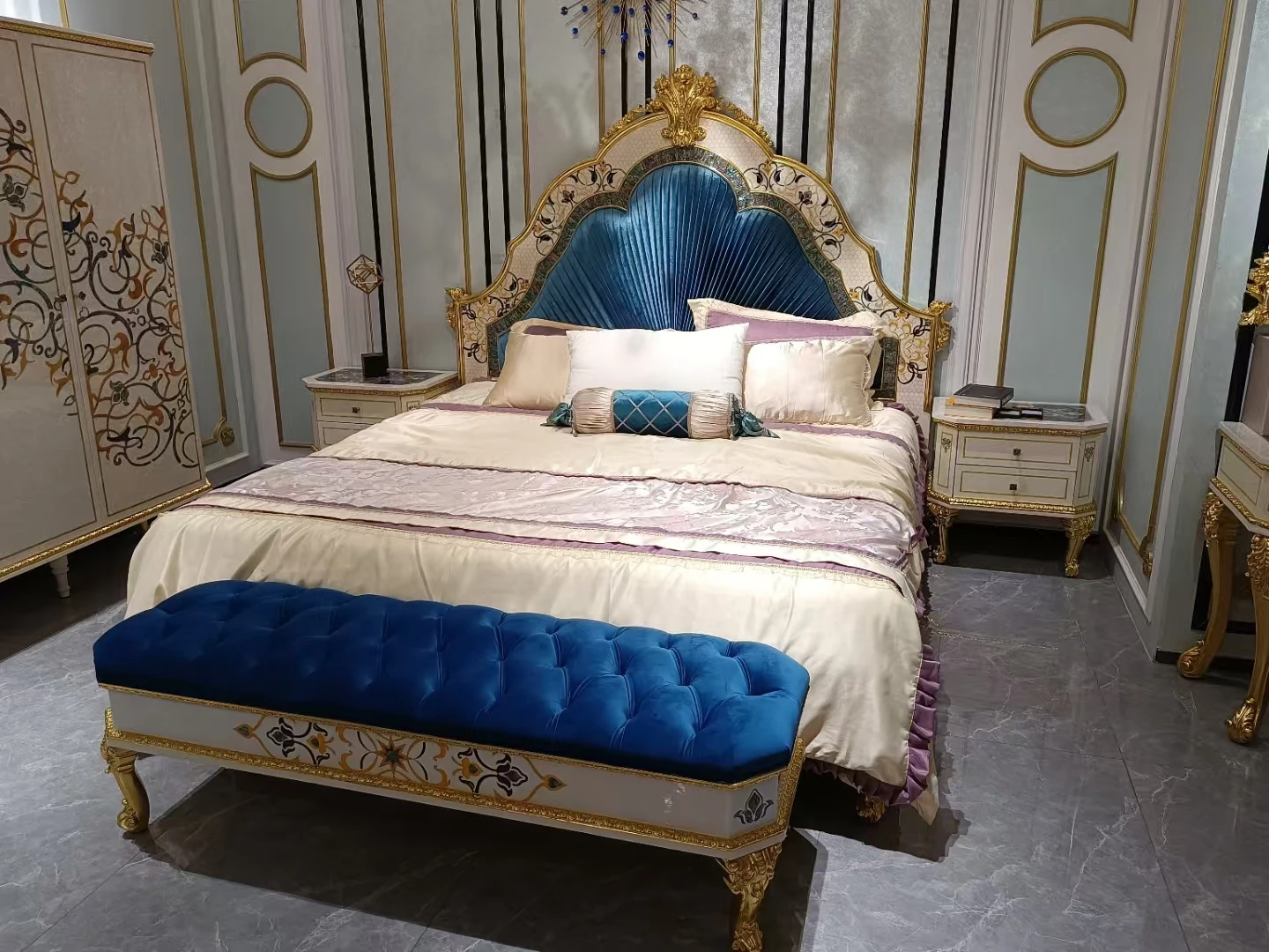 Italian Elegant White Wooden Royal Home Furniture Home Makeup and Dressing Table Set Prince Dressing Table