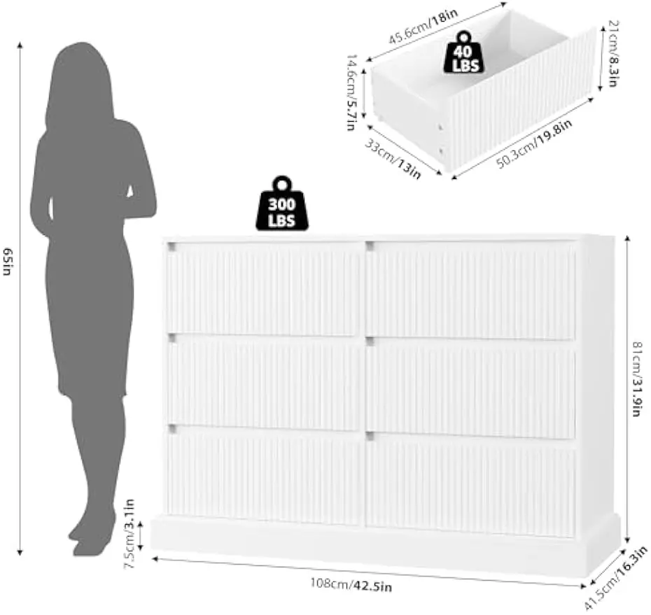 Customizable White Dresser for Bedroom, Modern 6 Drawer Dresser, Double Chest of Drawers with Wavy Pattern |