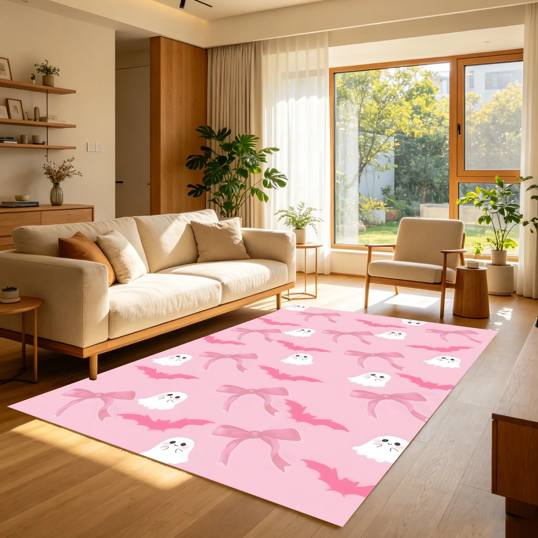 2D Carpet Cute Ghost Bow Bat Print Sweet Cool Girl Style Pink Eye Catching Halloween Themed Quirky Festive Atmosphere